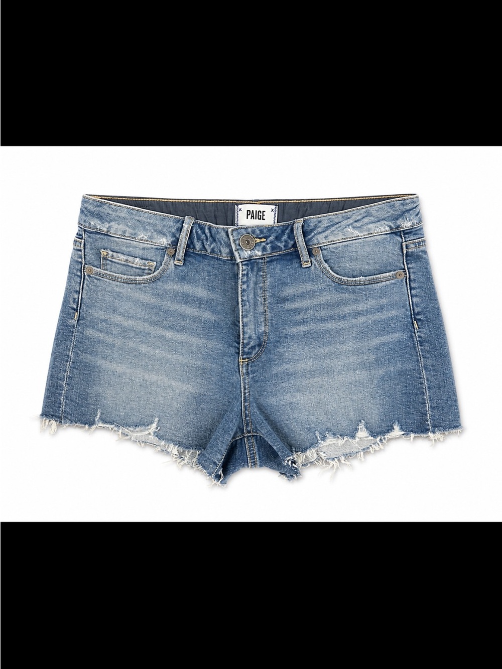 PAIGE Denim Cutoff Shorts Distressed Raw Hem Mid Rise Blue Jean Shorts Size 28